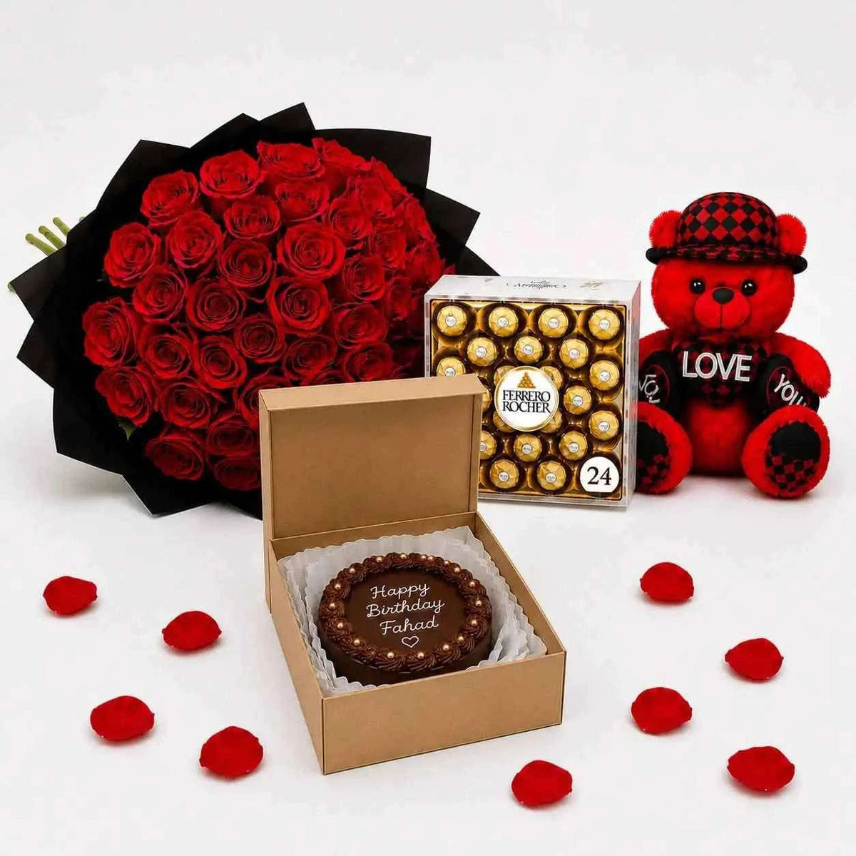 خمسون وردة حمراء مع كعكة بينتو وفيريرو روشيه ودمية حب flowerna