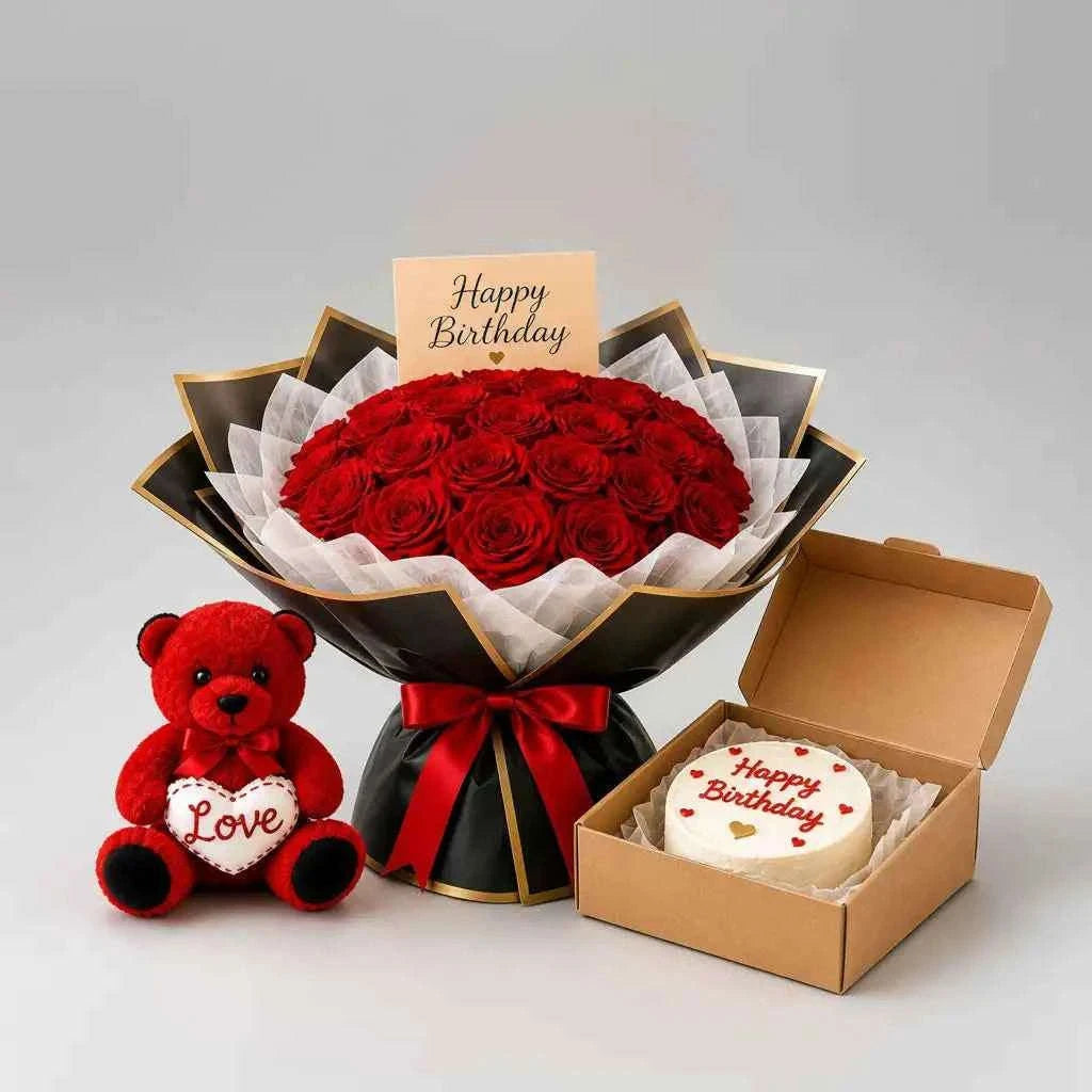 خمسون وردة حمراء مع كعكة عيد ميلاد ودمية حب وبطاقة تهنئة flowerna