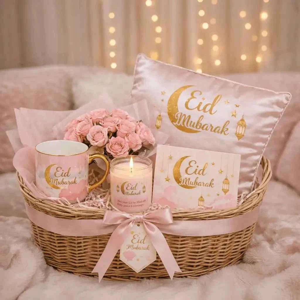 طقم هدايا عيد مبارك الفاخر في سلة قش مع ورود وردية وشمعة ومج وسادة flowerna