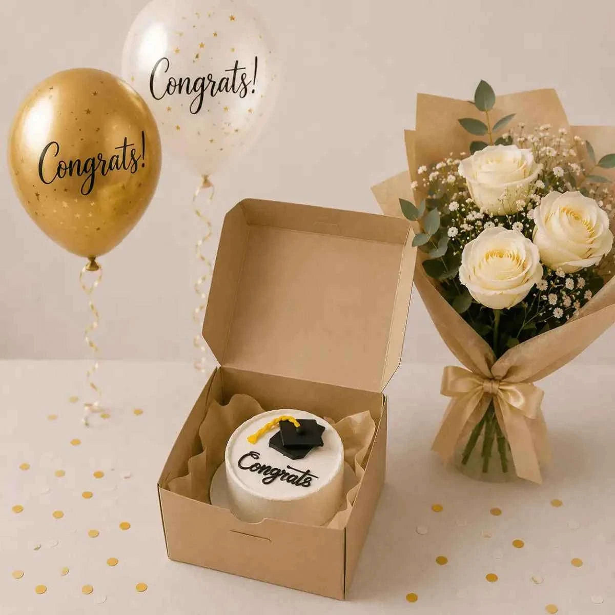 باقة ورود بيضاء مع كعكة تخرج صغيرة وبالونات تهنئة flowerna