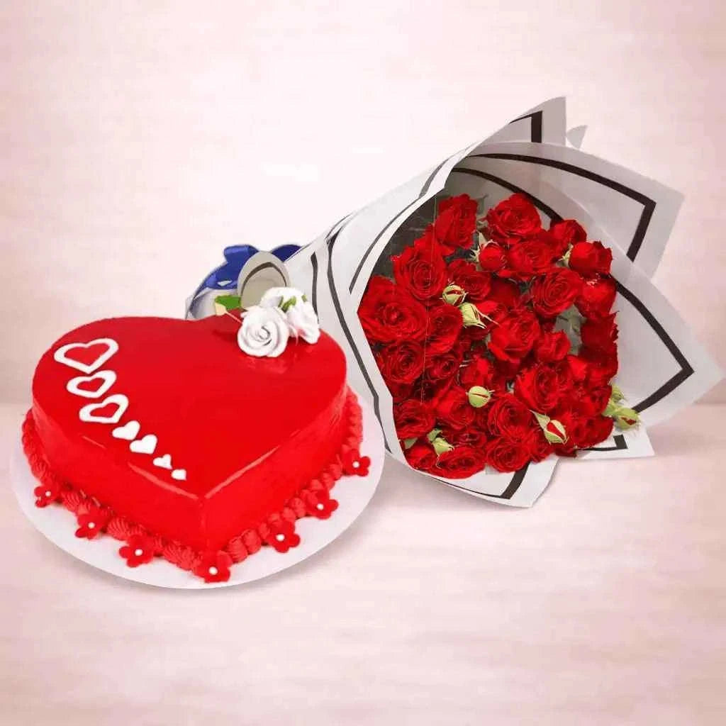 ورود بيبي حمراء مع كعكة حمراء على شكل قلب في تنسيق احتفالي flowerna