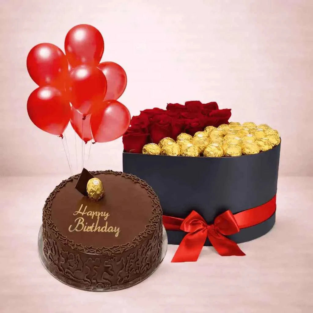 صندوق زهور حمراء مع كعكة احتفالية وشوكولاتة و10 بالونات هيليوم flowerna
