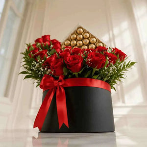 ورود حمراء زاهية مع صندوق شوكولاتة فيريرو روشيه flowerna