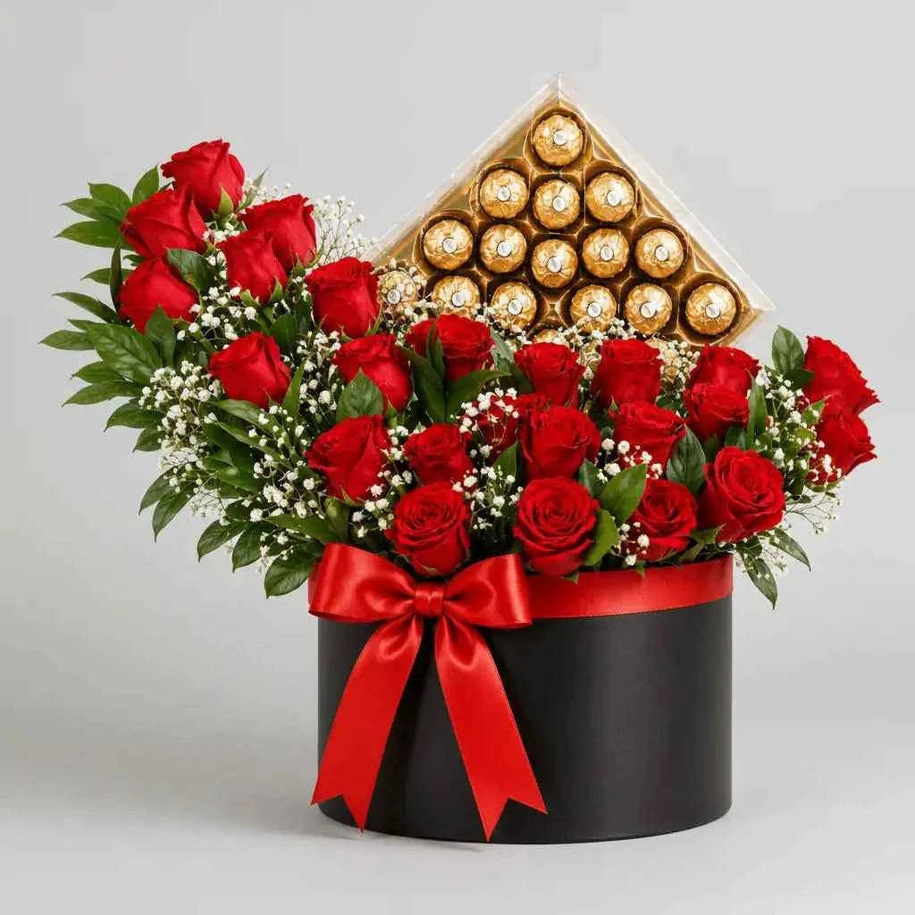 ورود حمراء زاهية مع صندوق شوكولاتة فيريرو روشيه flowerna
