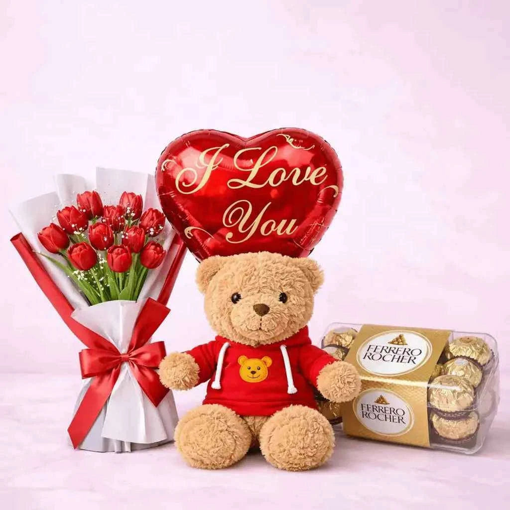 توليب أحمر مع دمية دب وفيريرو روشيه وبالون هيليوم flowerna